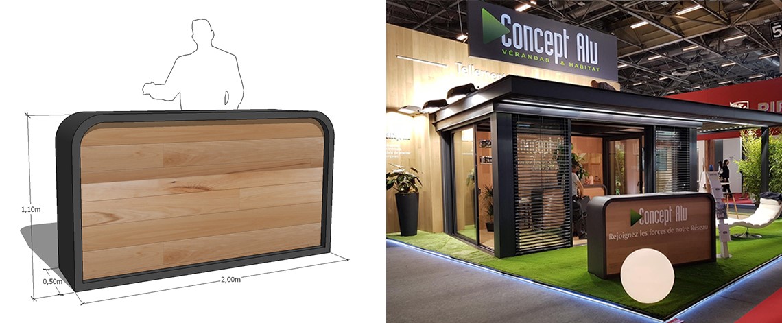 création, fabrication, banque d'accueil, location, vente, mobilier de stand, comptoir stand, sur-mesure, salon professionnel, conception desk pour stand, banque d'accueil design